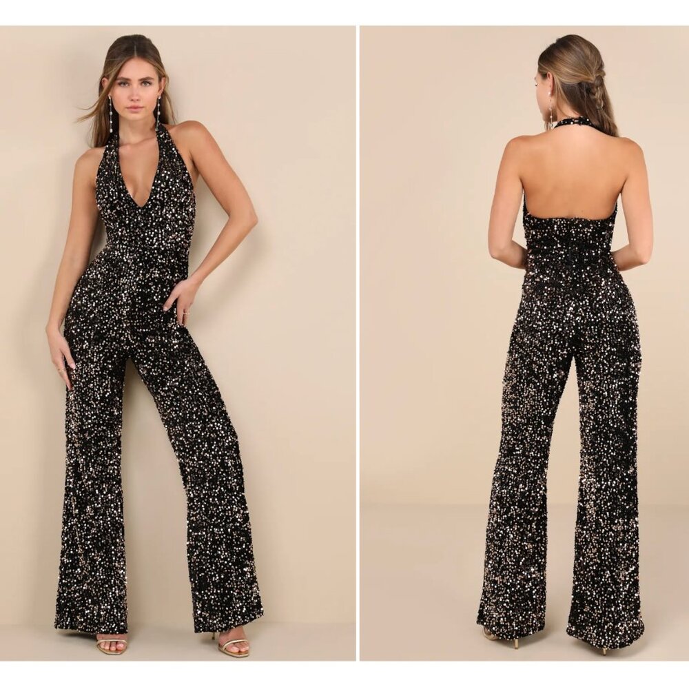 Mesmerizing Diva Black Sequin Wide-Leg Halter Jumpsuit